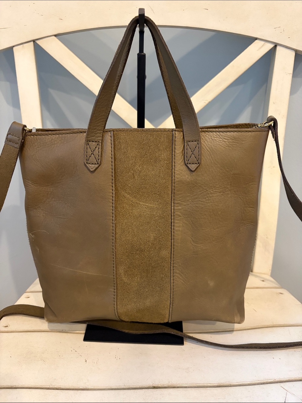 Madewell Olive Brown Leather Tote Bag with Suede Center Panel